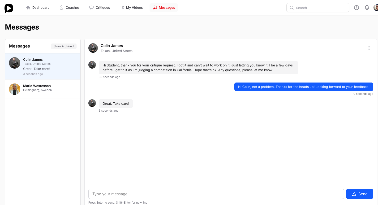 Stay Connected with Built-In Messaging on CritiqueMyDance